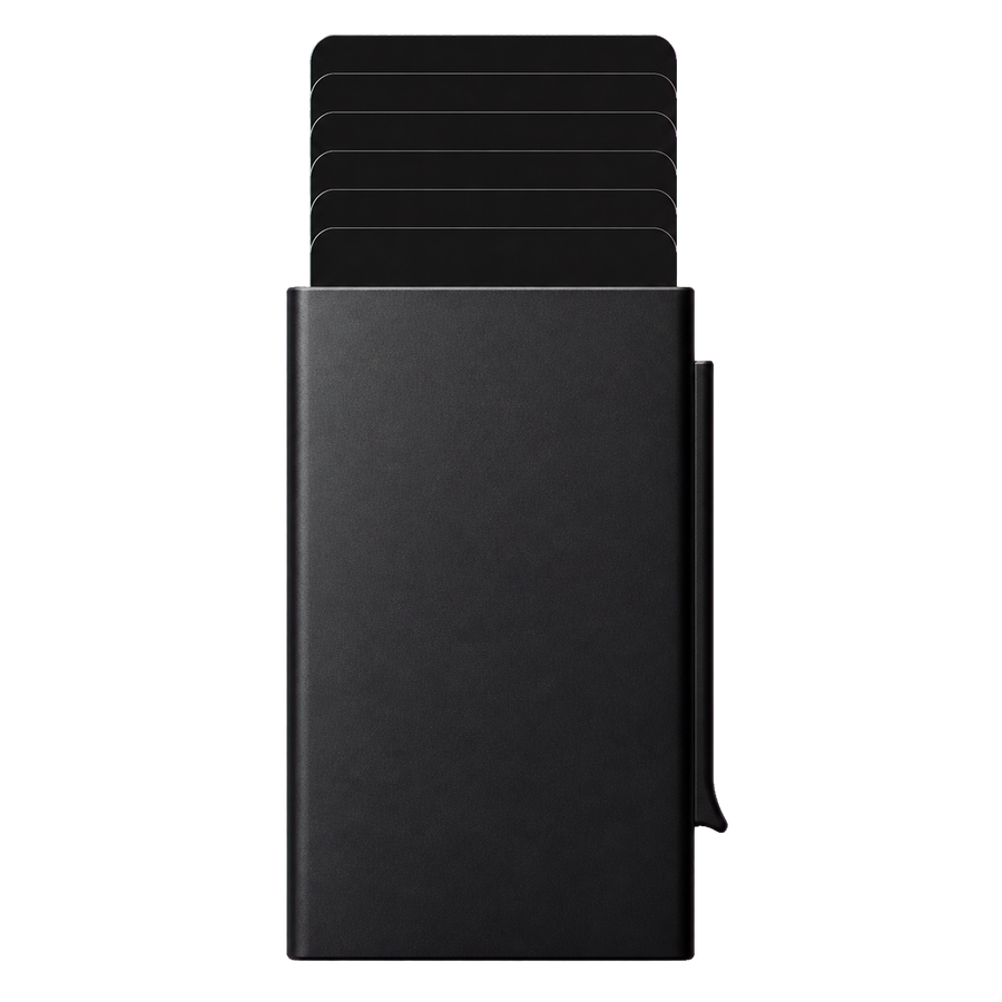 NALO Card Holder black front-facing transparent packshot with clean cards.