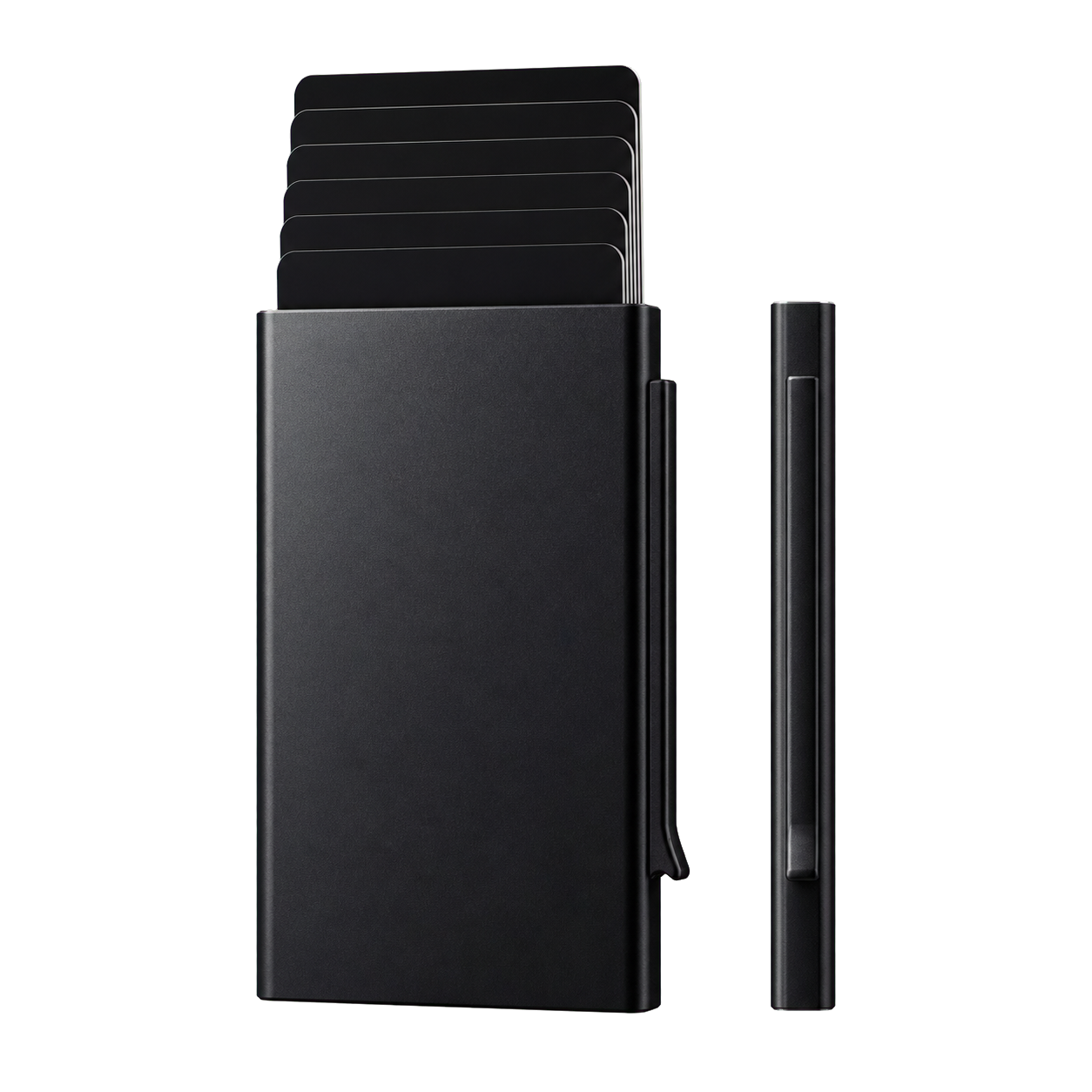 NALO Card Holder black front and side profile transparent product view.