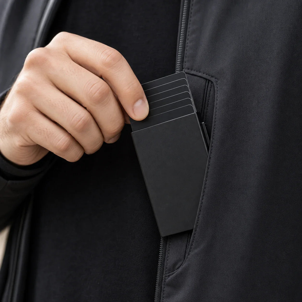 NALO Card Holder being taken from a jacket pocket.