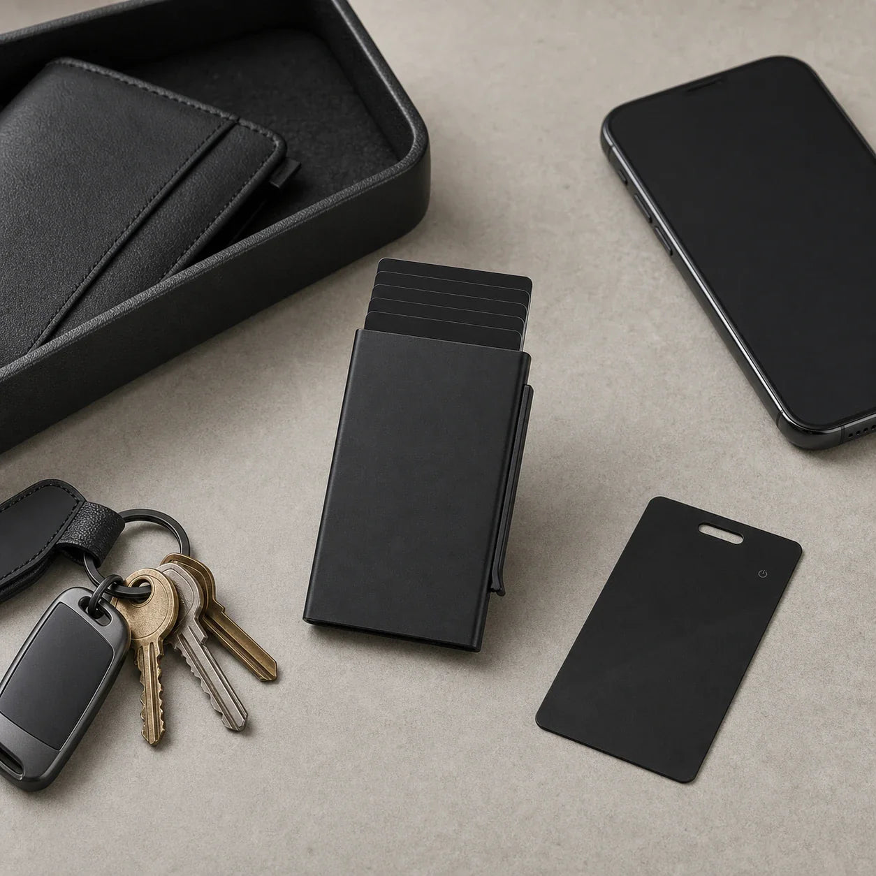 NALO Card Holder in an organized everyday carry setup with tracker card and keys.