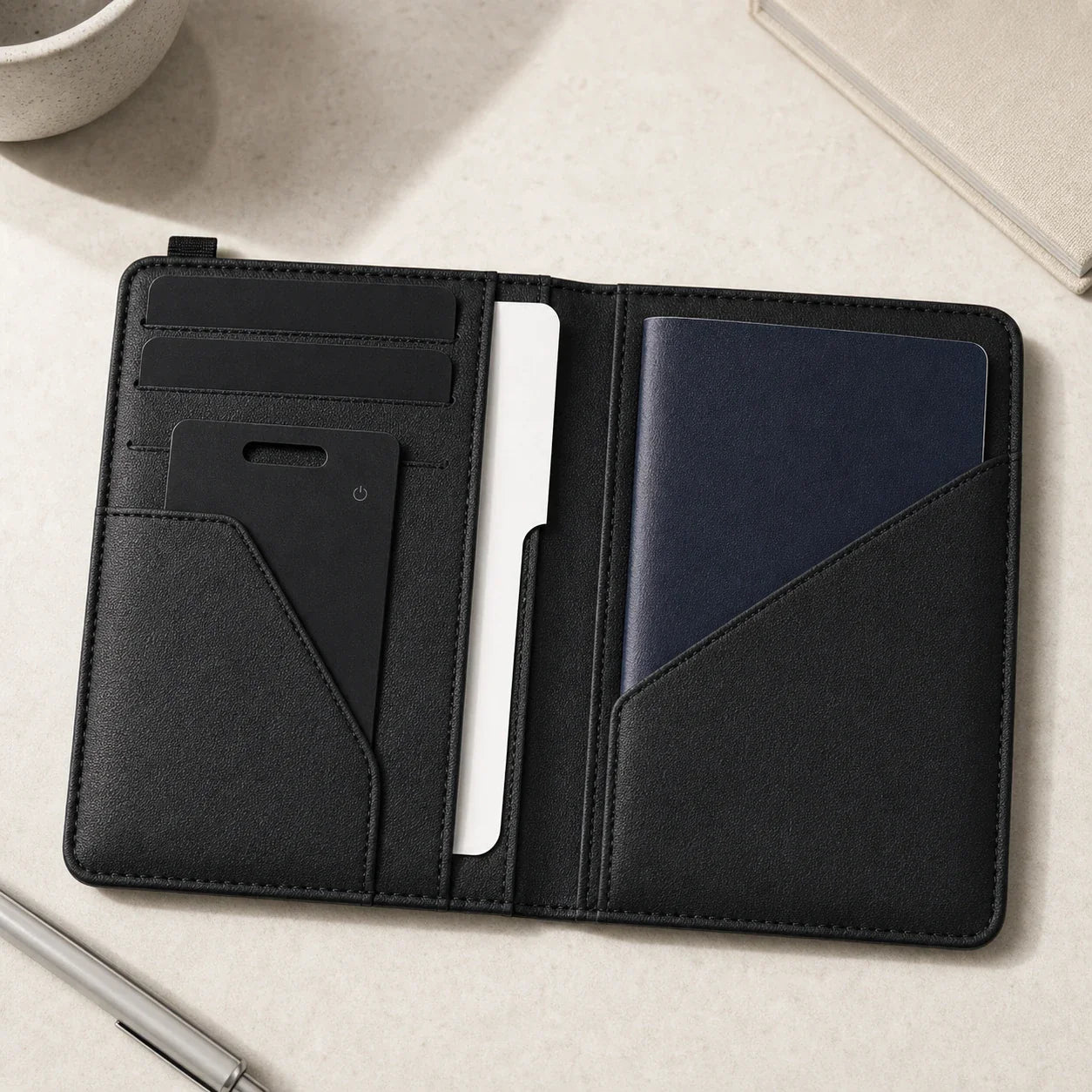 NALO Passport Holder open with passport, cards, ticket pocket and tracker card.