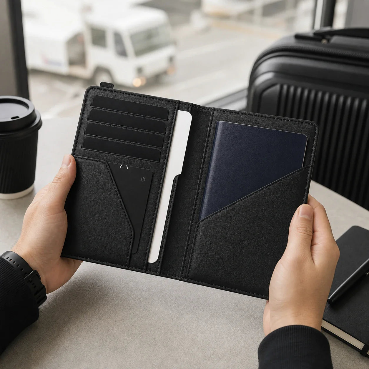 NALO Passport Holder open in hand during an airport or travel routine.