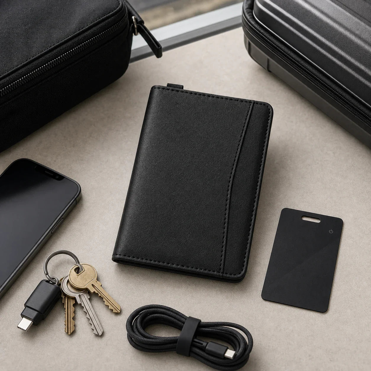 NALO Passport Holder in a travel setup with tracker card, keys and compact essentials.