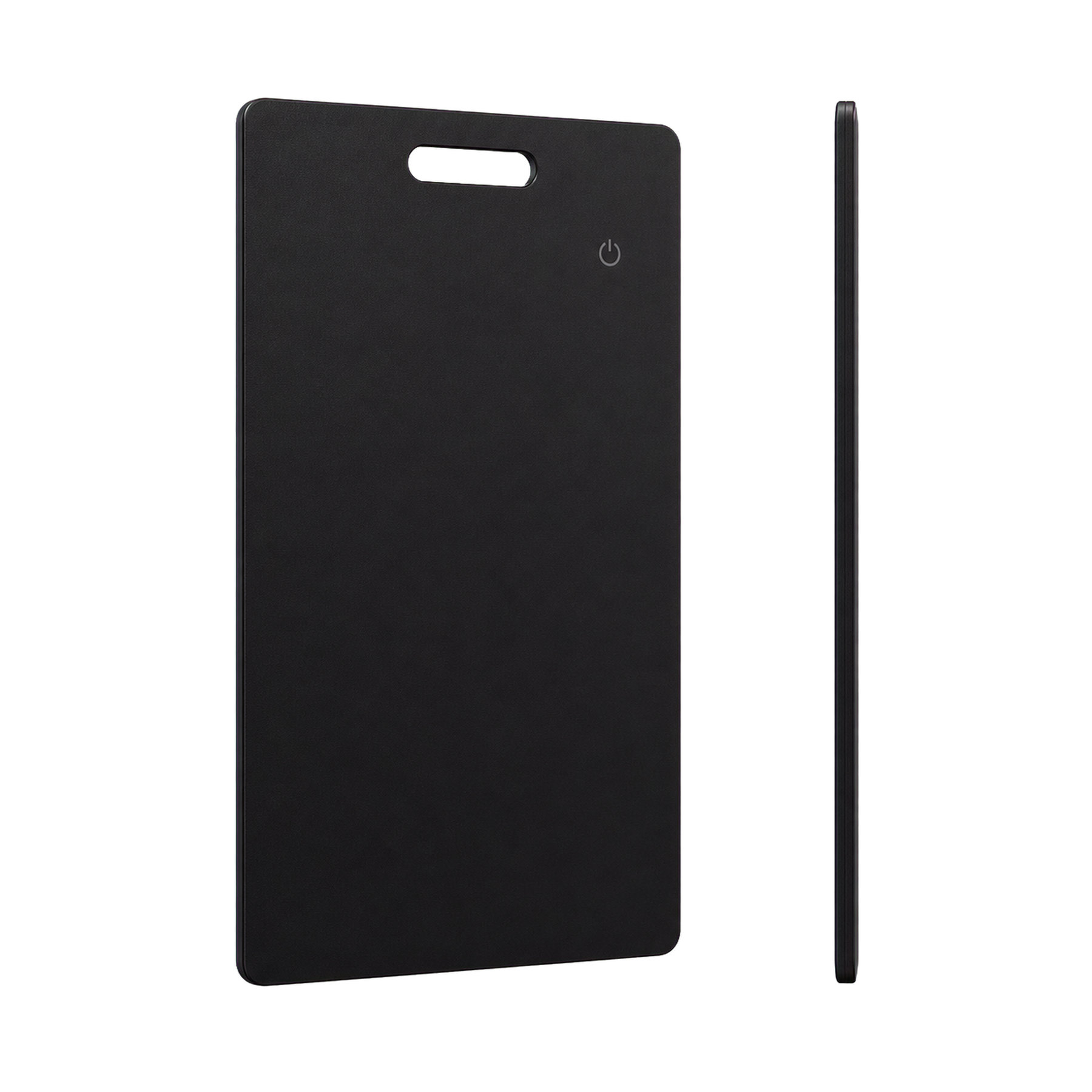 NALO Tracker Card in black, transparent angled view with thin side profile.
