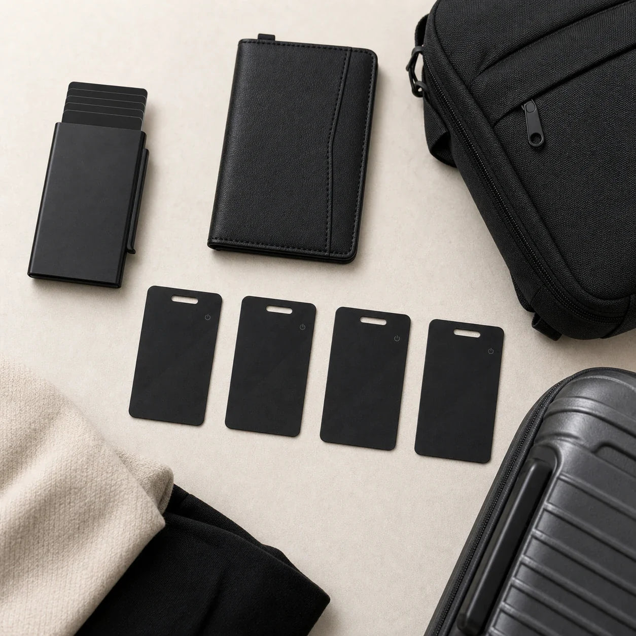 NALO Tracker Cards shown with wallet, passport holder, bag and suitcase essentials.