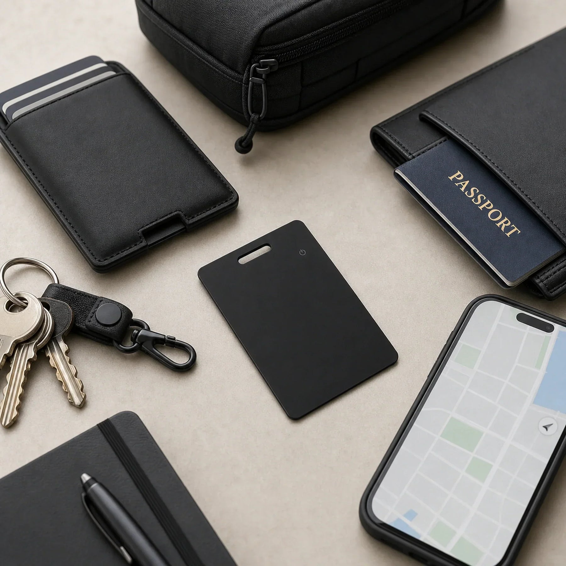 NALO Tracker Card shown with wallet, passport holder, keys, phone, and travel essentials.