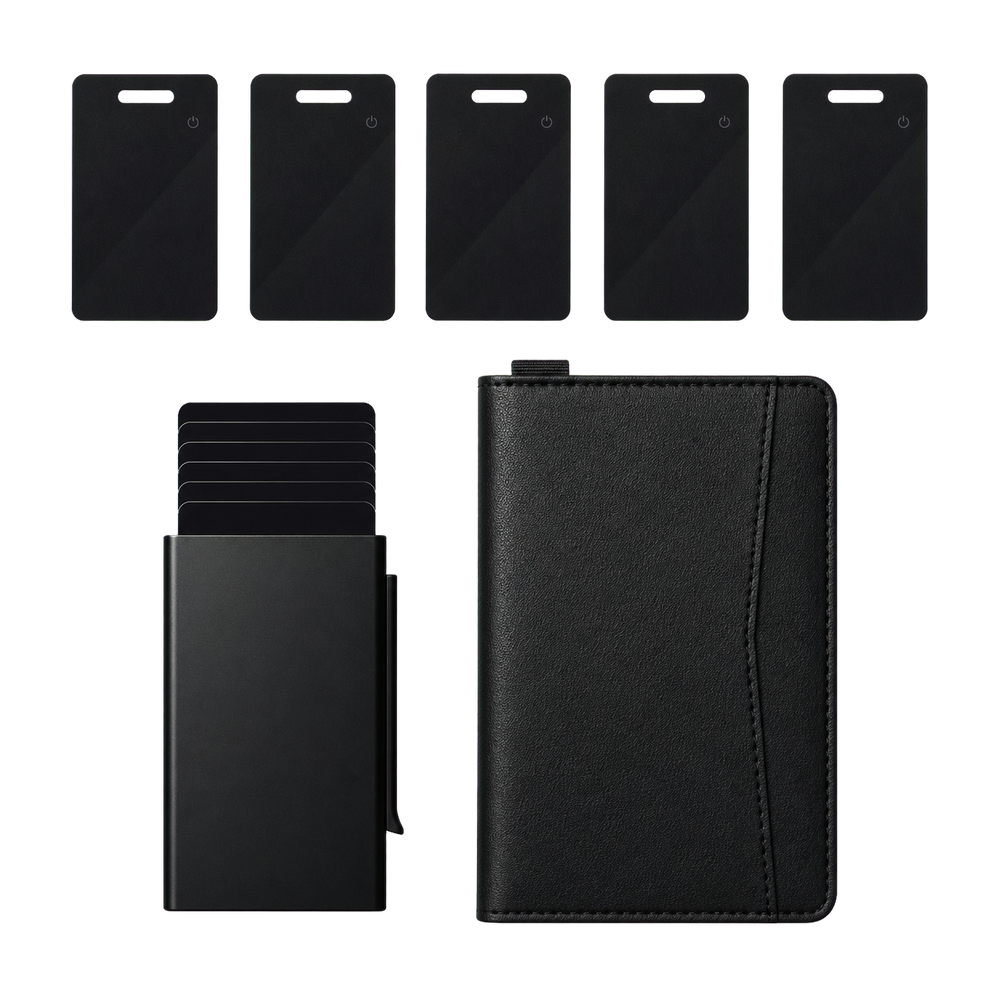 NALO Travel System Bundle with five tracker cards, card holder and passport holder on a transparent background.