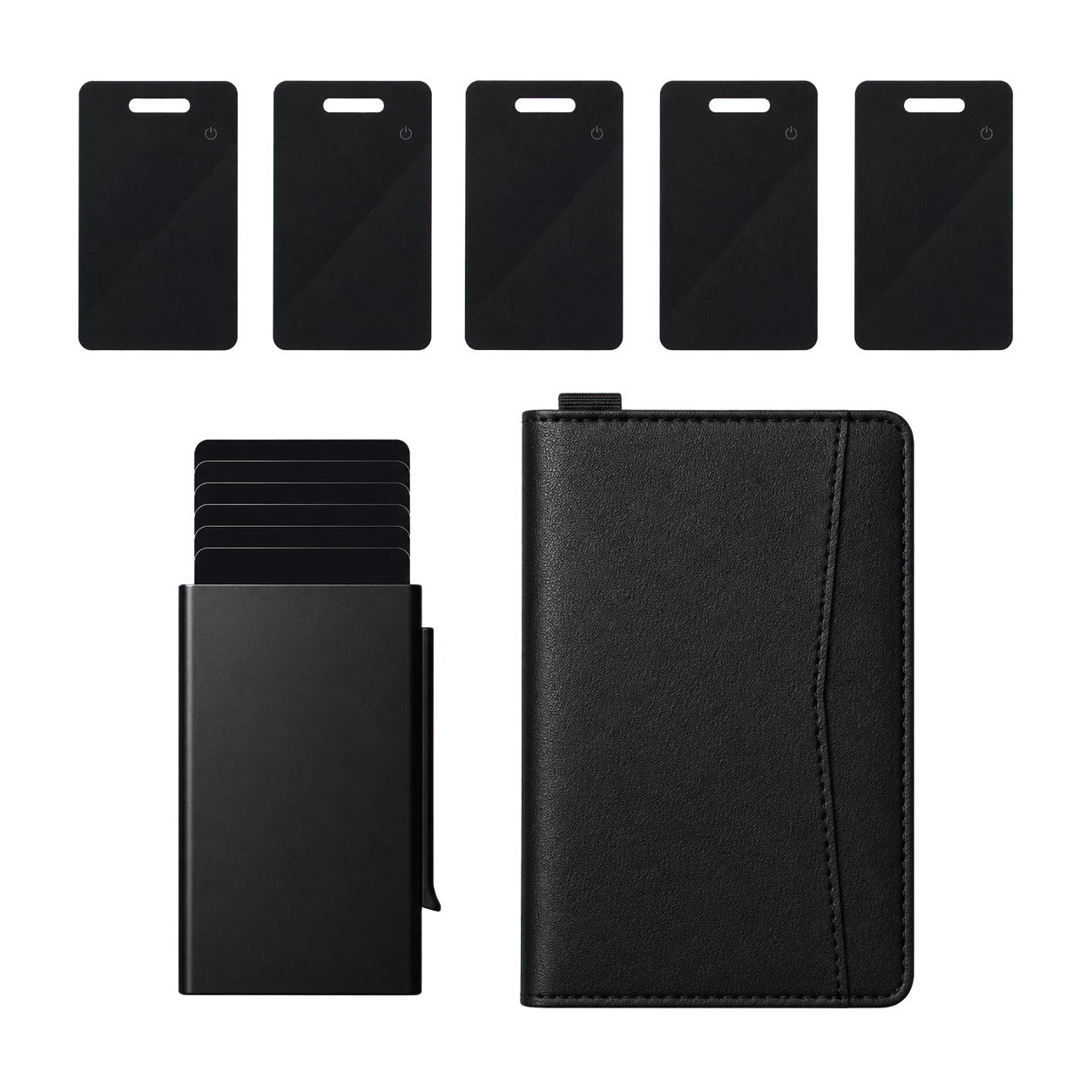 NALO Travel System Bundle with five tracker cards, card holder and passport holder on a transparent background.
