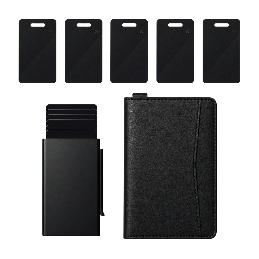 NALO Travel System Bundle with five tracker cards, card holder and passport holder on a transparent background.