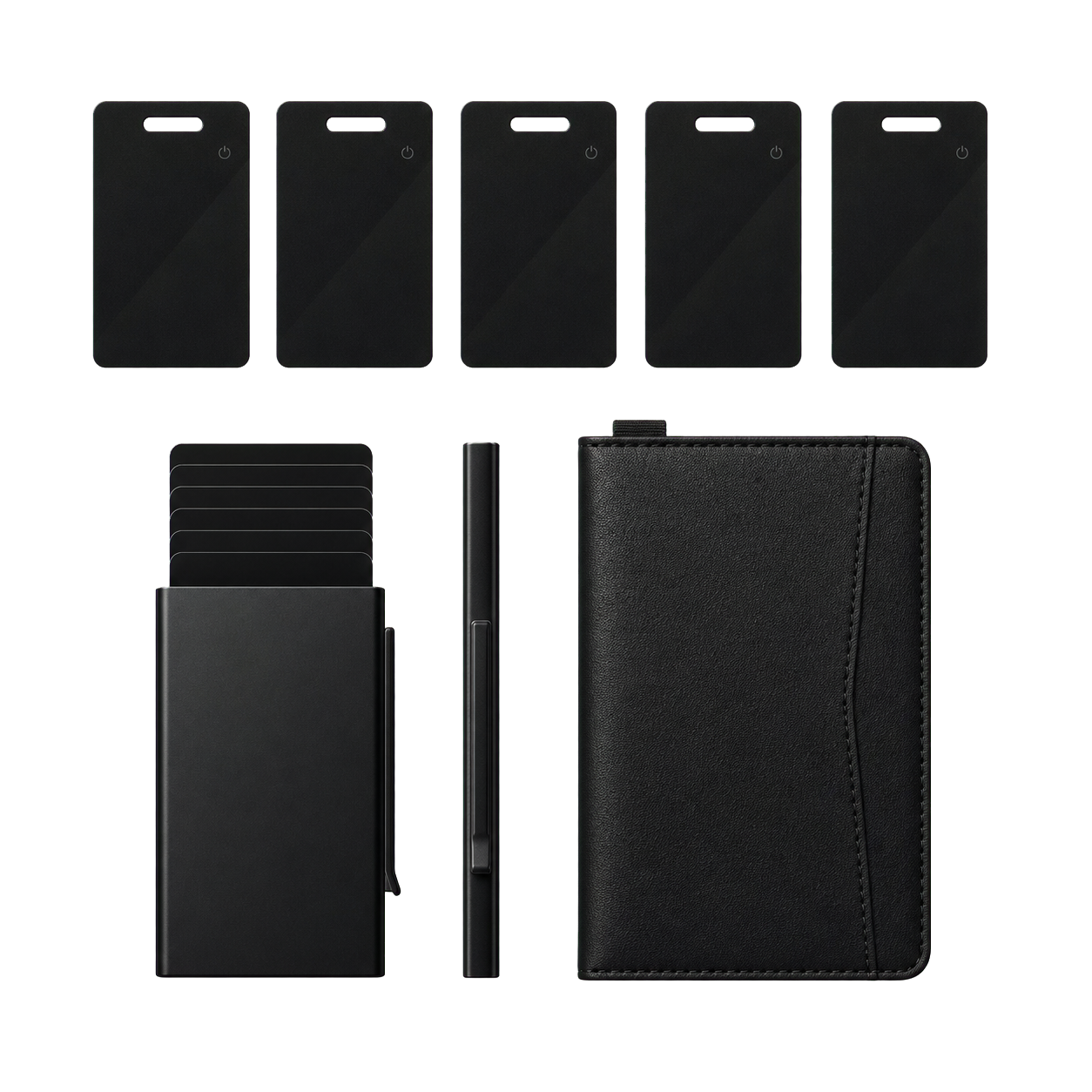 NALO Travel System Bundle contents laid out with five tracker cards, card holder and passport holder.