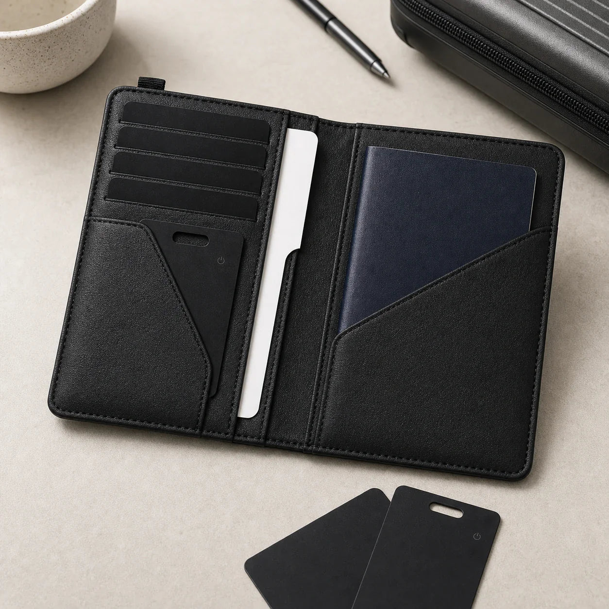 NALO Travel System Bundle passport setup with passport holder and tracker cards.
