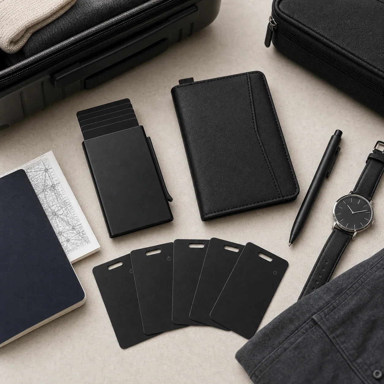 NALO Travel System Bundle organized before travel with tracker cards, card holder and passport holder.