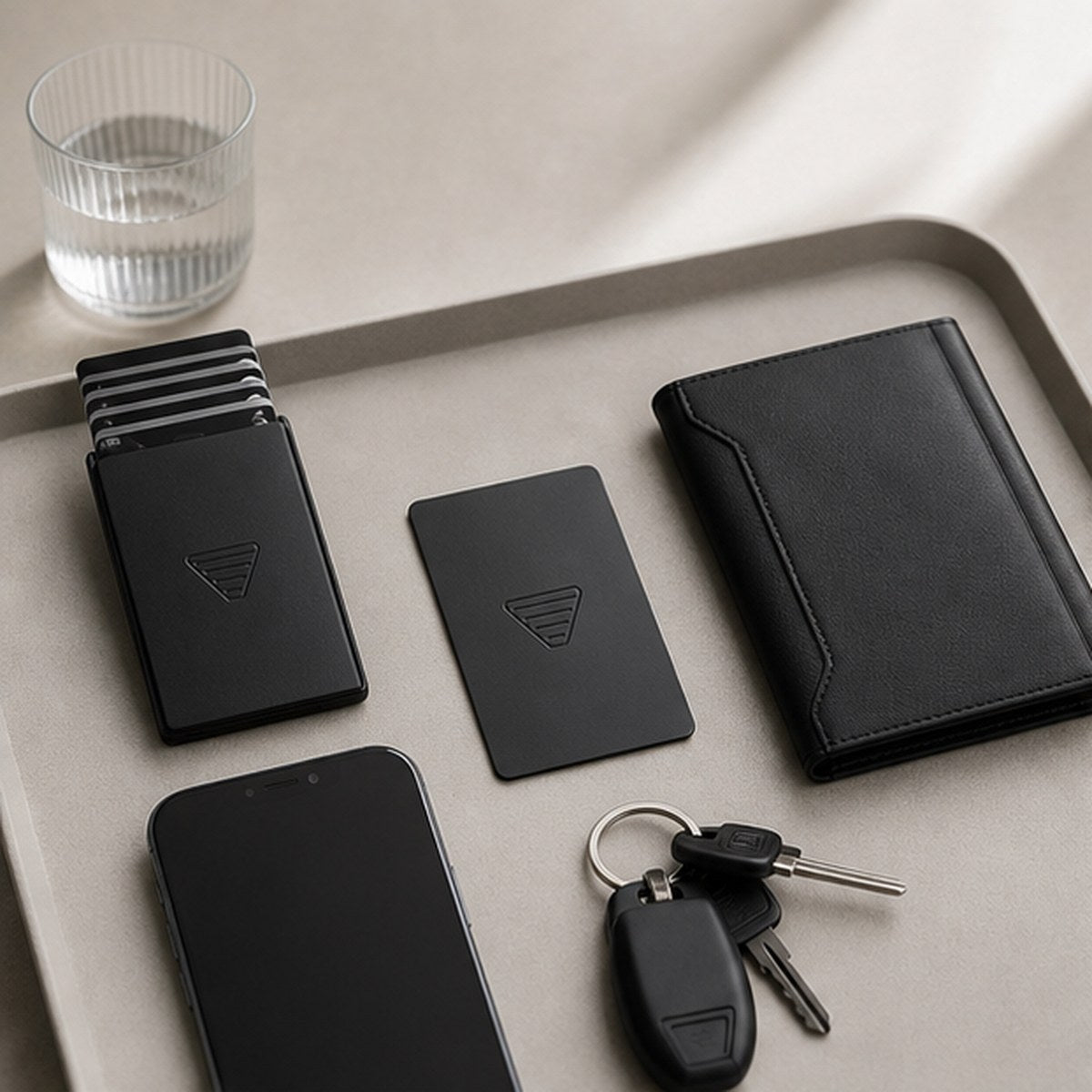 NALO wallet, tracker card and passport holder on a tray