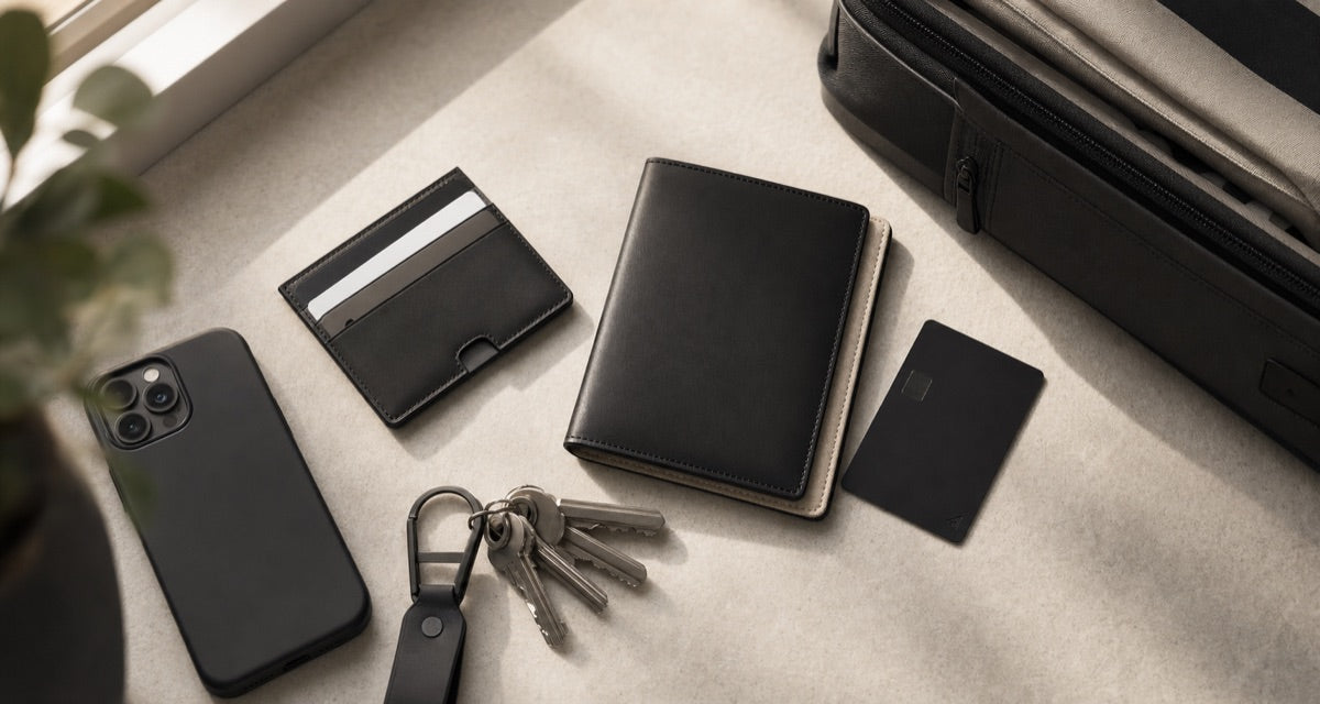 Organized everyday carry setup with wallet, tracker card and travel pouch